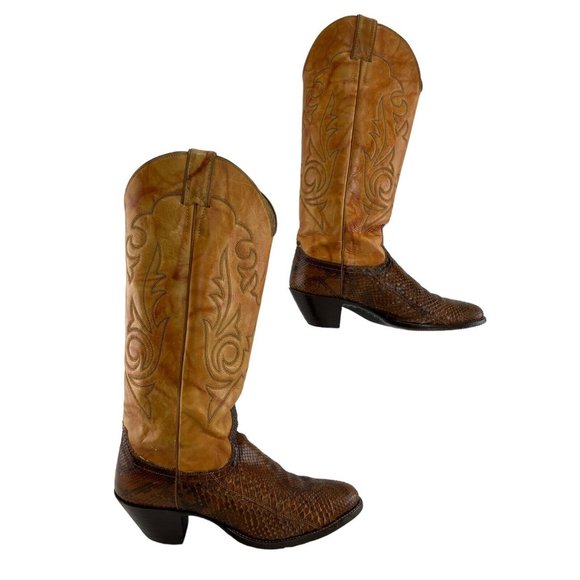 Ladies Justin Brown Snakeskin Almond Toe Cowgirl Western Boots Size 8.5 C *WIDE* - Picture 1 of 7